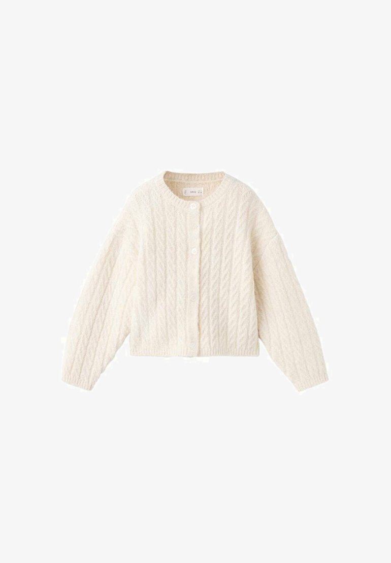 Kabelstrikket cardigan i off-white med rund halsudskæring, knaplukning foran og løstsiddende ærmer. Blød tekstur med ribkant forneden.