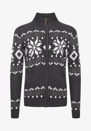 Pulover gri cu fermoar, cu modele albe de fulgi de zăpadă și geometrice, cu manșete și tiv din material rib și un guler înalt. Textură moale, tricotată.