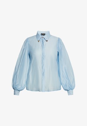 Lichtblauw satijnen knoopshirt met opgezette mouwen, puntige kraag met gouden accenten en een gladde, glanzende textuur.