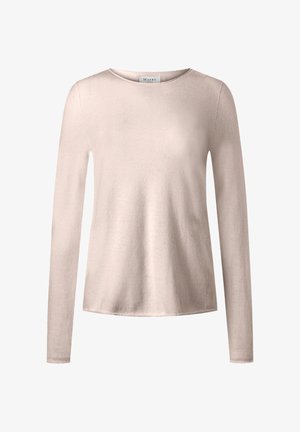 Hellbeiges Langarmshirt aus weichem, glattem Stoff. Es verfügt über einen runden Halsausschnitt und eine leicht lockere Passform, ohne sichtbare Muster oder Akzente.