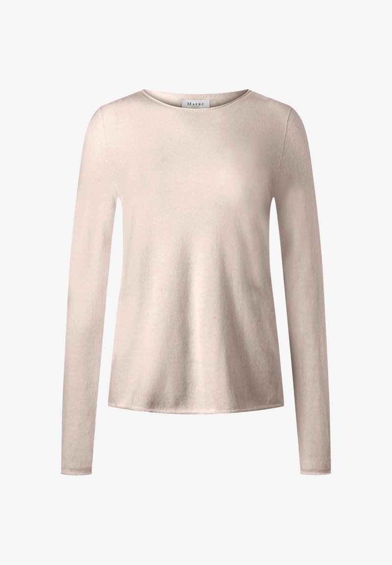 Hellbeiges Langarmshirt aus weichem, glattem Stoff. Es verfügt über einen runden Halsausschnitt und eine leicht lockere Passform, ohne sichtbare Muster oder Akzente.