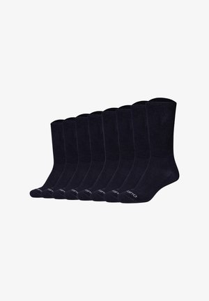 Nine pairs of black crew socks with ribbed cuffs, aligned in a row against a white background.