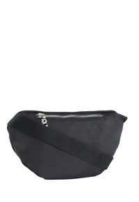 Marsupio in nylon nero con forma curvata, cintura regolabile e zip tono argento. Presenta una piccola tasca frontale con zip.