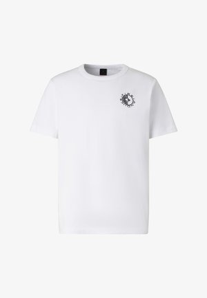 Biała bawełniana koszulka z krótkim rękawem, z małym czarnym abstrakcyjnym okrągłym logo na lewej piersi i okrągłym dekoltem.