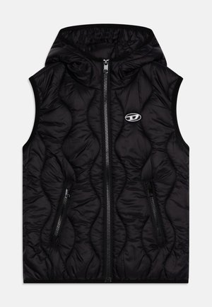 Czarna bezrękawnikowa kamizelka puchowa z kapturem, przednim zamkiem błyskawicznym, dwoma zasuwanymi kieszeniami oraz białym owalnym logo na lewej piersi.