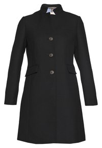 Black wool coat with a high collar, button closure, two front pockets, and a tailored silhouette. Textured fabric with a smooth finish.