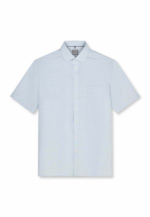 Lichtblauw kortärmelig overhemd met een subtiel ruitpatroon en een borstzak, plat gelegd op een witte achtergrond.
