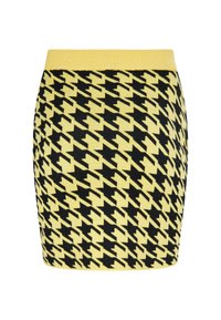 Mini skirt dengan pola houndstooth hitam dan kuning, dilengkapi dengan pinggang rajutan kuning bertekstur ribbed, serta desain yang fitting.