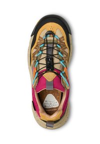 Multicolored hiking shoe featuring a mix of materials: yellow and pink fabric, patterned mesh, textured cork insole, and black rubber accents.