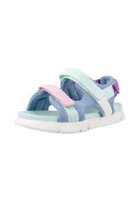 Sandal med tre remmar i ljusblå, mintgrön och pastellrosa textil. Vit gummisula med konturerad sula. Justerbara stängningar.