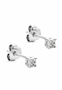 Hõbedast stud-kõrvarõngad, millel on ruudukujuline kubikute tsirkooniga kaunistus, poleeritud viimistlus ja neli konksu, mis tagavad kindla hoidmise.