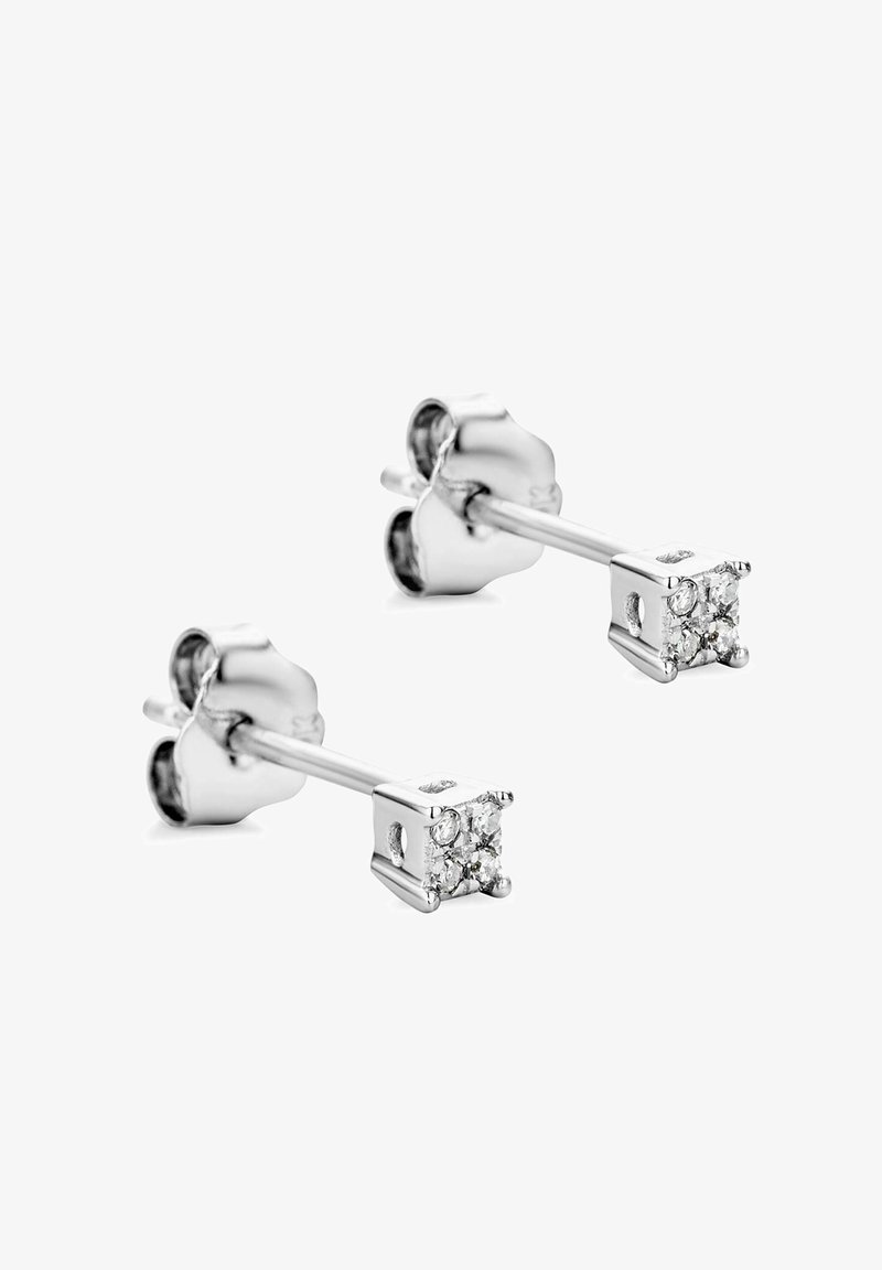 Hõbedast stud-kõrvarõngad, millel on ruudukujuline kubikute tsirkooniga kaunistus, poleeritud viimistlus ja neli konksu, mis tagavad kindla hoidmise.