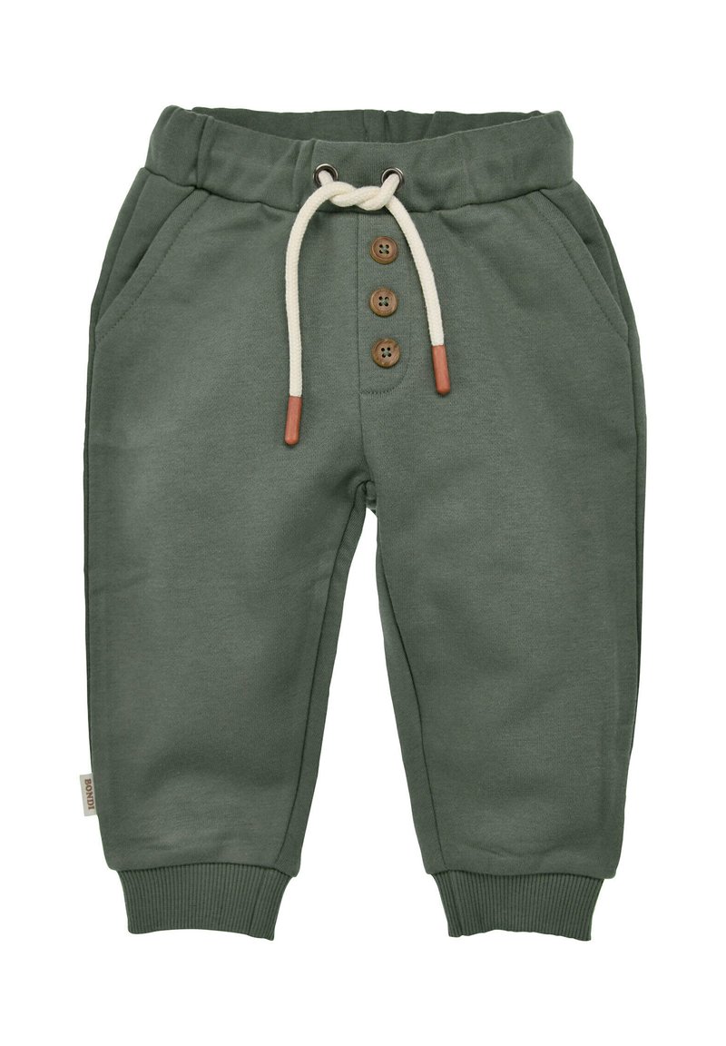 Grüne Sweatpants mit einem Kordelzugbund, drei Holzknöpfen, seitlichen Taschen und gerippten Bündchen. Baumwollmaterial mit einer glatten Textur.
