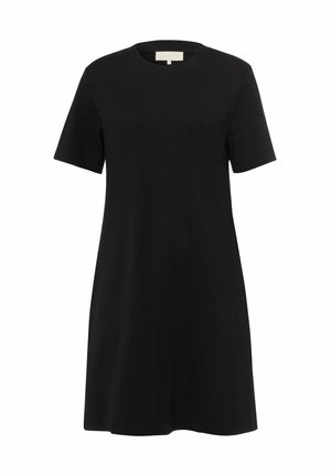 Czarna sukienka t-shirtowa z krótkimi rękawami, okrągłym dekoltem i luźnym krojem. Wykonana z miękkiego materiału bez widocznych wzorów lub akcentów.