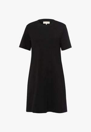 Czarna sukienka t-shirtowa z krótkimi rękawami, okrągłym dekoltem i luźnym krojem. Wykonana z miękkiego materiału bez widocznych wzorów lub akcentów.