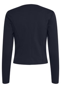 Námořnicky modrá bunda s dlouhým rukávem, střih na míru, hladká látka, zadní švy, kulatý výstřih, bez zapínání a viditelných kovových prvků.