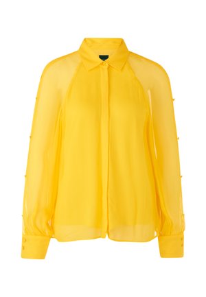 Yellow sheer long-sleeve blouse with buttoned cuffs, concealed front buttons, and a classic collar.