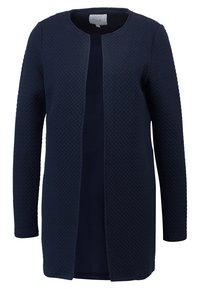 Navyblauer strukturierter Cardigan mit rundem Halsausschnitt, langen Ärmeln und offenem Design. Besitzt ein dezentes, gewobenes Muster und weichen Stoff.
