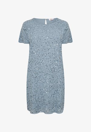Lichtblauwe jurk met korte mouwen, versierd met pailletten en een klein keyhole-knopsluiting op de rug.