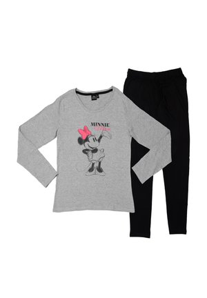 Maglione grigio a maniche lunghe con grafica di Minnie Mouse e fiocco rosa, abbinato a pantaloni neri con vita elasticizzata. Tessuto misto cotone, vestibilità casual.