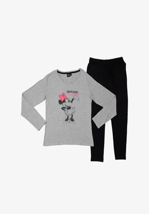 Maglione grigio a maniche lunghe con grafica di Minnie Mouse e fiocco rosa, abbinato a pantaloni neri con vita elasticizzata. Tessuto misto cotone, vestibilità casual.