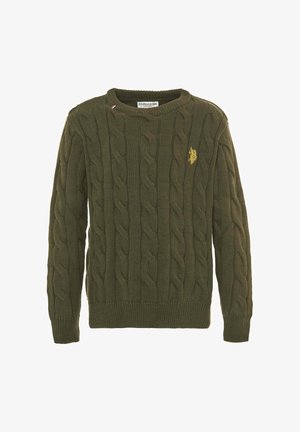 Maglione verde lavorato a maglia con texture a trecce, collo rotondo e bordo a costine. Piccolo logo dorato sul lato sinistro anteriore.