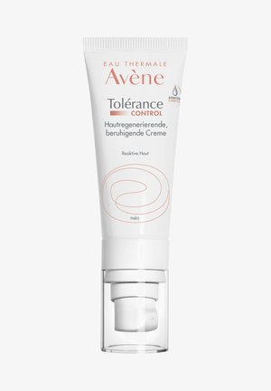 Avène Tolérance Control skin-regenerating, soothing cream for reactive skin, white tube with pump dispenser and minimal orange text.