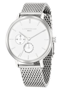 Silbernes Mesh-Uhrenarmband mit einem weißen Zifferblatt, zwei Unterzifferblättern, silbernen Stundenmarkierungen und einer geriffelten Lünette. Verfügt über ein minimalistisches Design.