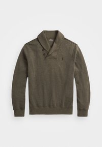 Pull à manches longues vert olive foncé avec col châle et deux boutons noirs, arborant un petit logo Polo Ralph Lauren brodé sur la poitrine.
