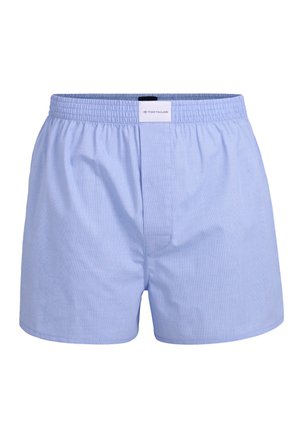 Light blue checkered cotton boxers with an elastic waistband and a front opening. The brand label is sewn on the waistband's back.