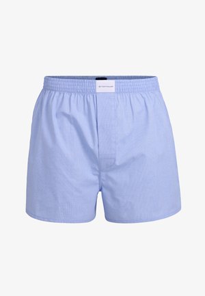 Hellblaue karierte Baumwollboxershorts mit elastischem Bund und vorderer Öffnung. Das Markenlabel ist auf der Rückseite des Bundes angenäht.