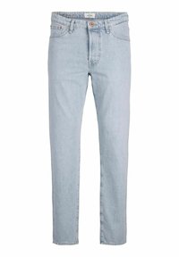 Lichtblauwe denim jeans met een rechte snit, uitgerust met een knoopsluiting aan de voorkant, vijf zakken en een subtiele vervaagde textuur.