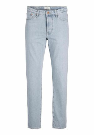 Heledad sinine teksapükk, otse lõikega, mis sisaldab esimest nööpi, viit taskut ja õrna kulumist.