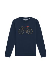 Navyblaues Sweatshirt mit einem Grafikmotiv eines Fahrrads in Braun und einem roten Sitz. Mit Rundhalsausschnitt, langen Ärmeln und gerippten Bündchen. Aus Baumwollmaterial.