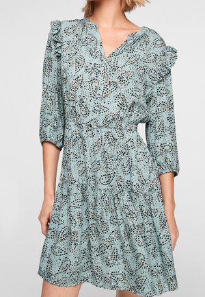 Light blue dress with black and brown speckled pattern, V-neck, elastic waist, ruffle details on shoulders, and three-quarter sleeves.