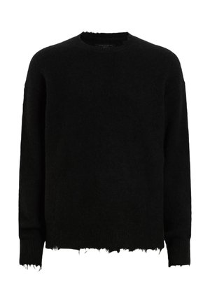 Schwarzer, langärmeliger Rundhalsausschnitt-Pullover mit ausgefranstem Saum an den Ärmeln und am unteren Rand, aus einem flauschigen Strickstoff gefertigt.