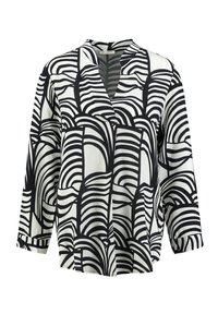 Zwart-witte blouse met een V-hals en lange mouwen. Beschikt over een golvenpatroon print op een lichtgewicht stof. Rechte zoom en zakken.