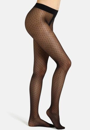 Schwarze gemusterte Strumpfhosen mit transparenter Oberfläche, die ein Gitterdesign und kleine Punkte aufweisen. Weicher Stoff und breites, elastisches Bündchen.