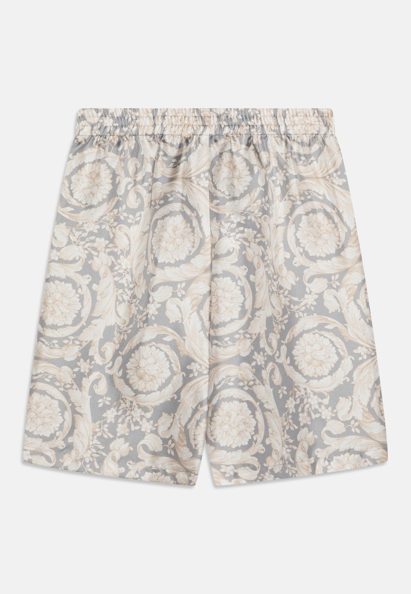 Light grey shorts with a floral damask pattern in cream and beige. Features an elastic waistband and soft fabric texture.