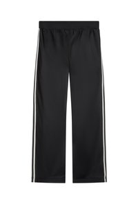 Pantalons de sport noirs à coupe large, avec des rayures blanches sur les côtés. Fabriqués en tissu lisse et léger avec une taille élastique.