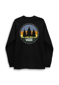 Maglietta nera a maniche lunghe con logo circolare Vans che presenta tre alberi di pino neri su uno sfondo a strisce blu, arancioni e gialle.