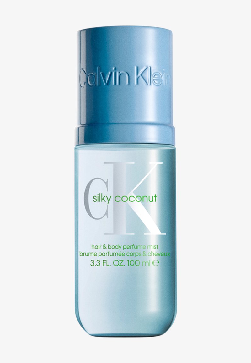 Calvin Klein seidiges Kokos-Haar- und Körperparfum in einer 100 ml transparenten hellblauen Sprühflasche mit passendem Verschluss.