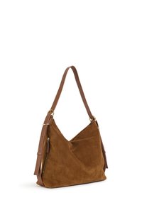 Brown suede shoulder bag with a soft, slouchy design, featuring a leather strap and gold hardware, with an exterior zip pocket.
