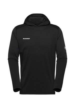 Schwarzes Kapuzen-Sweatshirt mit langen Ärmeln, mit "MAMMUT"-Logo auf der Brust und rundem Logo auf dem linken Ärmel, auf weißem Hintergrund gezeigt.