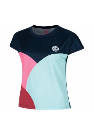 Korte mouwen sportshirt met kleurvlakken in marineblauw, roze, lichtblauw en bordeauxrood en een cirkelvormig wit logo op de borst.