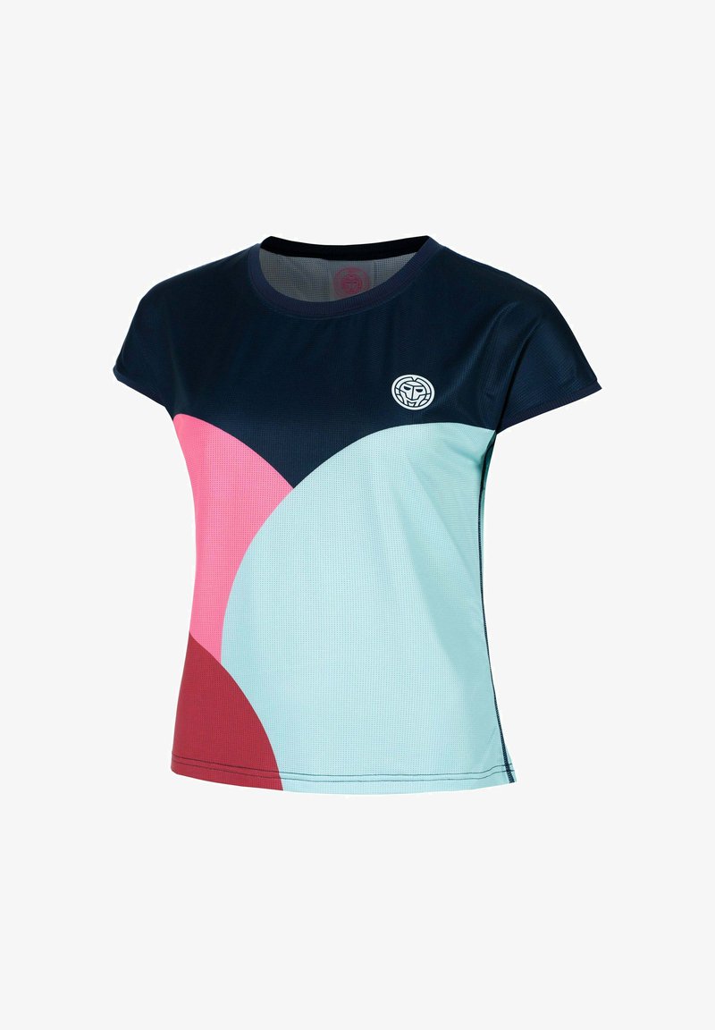 T-shirt de sport à manches courtes avec des blocs de couleur bleu marine, rose, bleu clair et bordeaux, et un logo blanc circulaire sur la poitrine.