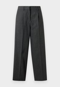 Pantalon gris foncé à taille haute, avec un devant plissé, des jambes larges et une texture lisse. Design ajusté, sans matériel visible ni embellissements.