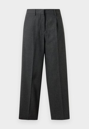 Dark gray trousers with a high waist, pleated front, wide legs, and smooth texture. Tailored design, no visible hardware or embellishments.