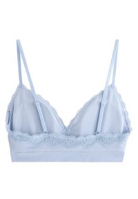 Ljusblå mjuk bralette med tunna justerbara band, blommig spetstopp vid nederkanten och kuporna, ribbat band under bysten.