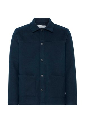 Giacca blu scuro realizzata in tessuto misto lana, con colletto, chiusura a bottoni e due tasche frontali. Design semplice senza motivi visibili.